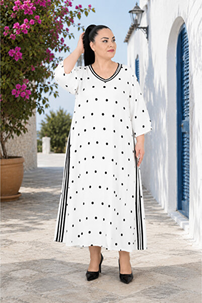 DARKWIN Plus Size V-Neck Polka Dot Patterned Side Line Detailed Relaxed Fit M...
