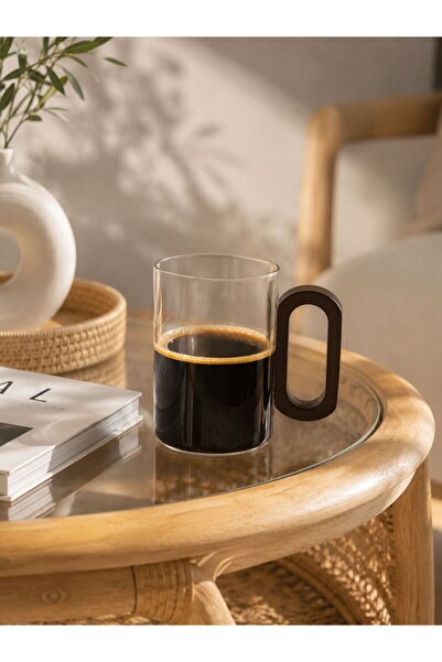 LEONEV Acacia Handle Borosilicate Glass Mug 300 ml Flat Model