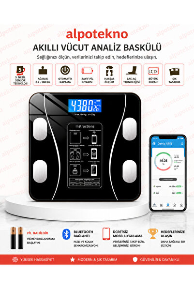 alpotekno Akıllı Bluetooth Baskül Dijital Vücut Analiz Tartısı Yağ Kas Su Ölç...