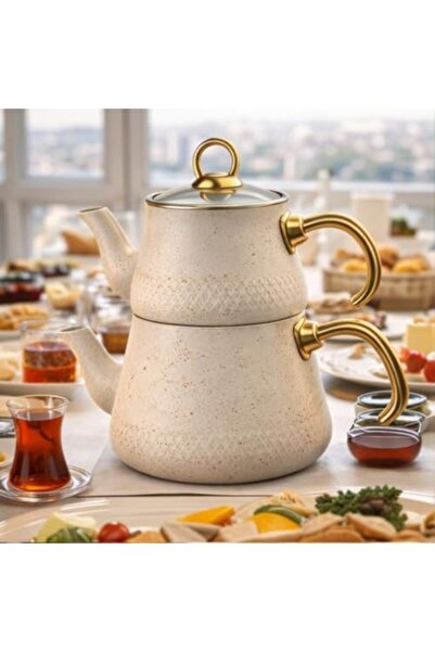 Yıldızan Nzr Beautestore White Teapot Set, Granite Look Teapot with Gold Deta...