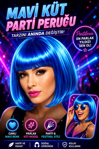 Tamsena Store Mavi Kısa Küt Parti Peruğu – Parlak Neon Görünümlü Kadın Kostüm...