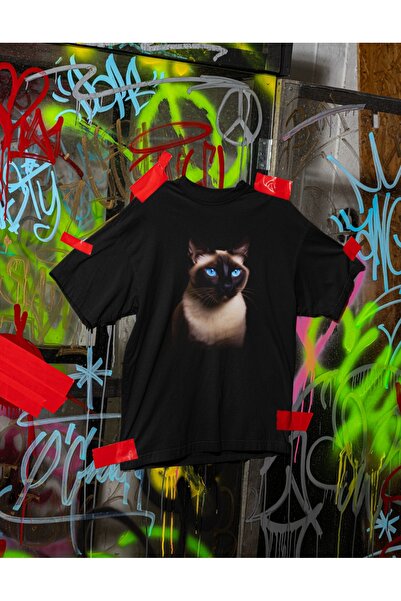 CEYMA DESIGN Oversize Kedi Tasarımlı Siyah Tişört
