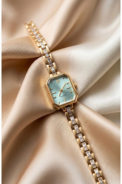 KLISHE Butik Women's Steel Watch Gold Color Turquoise Dial Rectangular Case S...