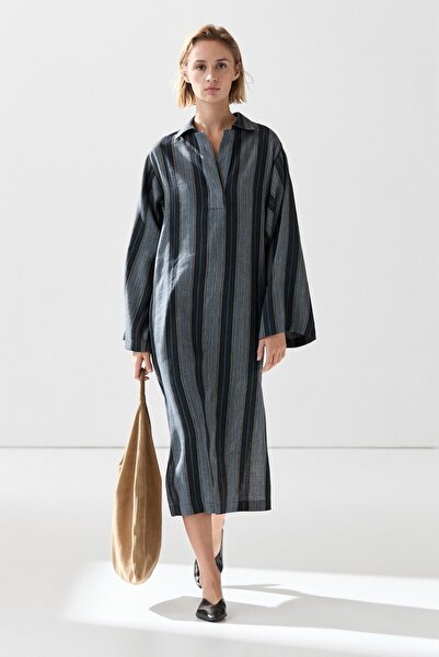 Massimo Dutti Çizgili keten pamuk karışımlı kaftan