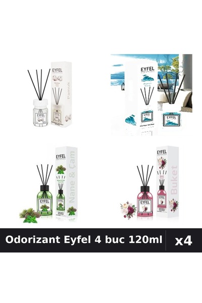 Eyfel Set 4 Odorizant Cameră cu Betisoare 120ml - Bumbac, Ocean, Pin Mentă, B...