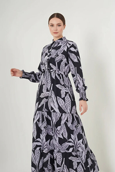 buğrahayalin Women's Round Neck Gathered Waist Leaf Patterned Viscose Black H...