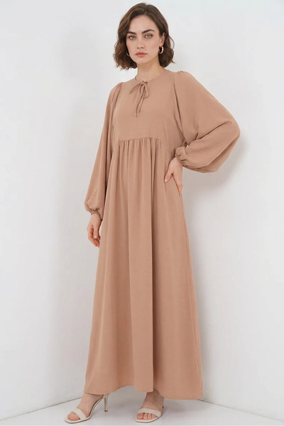 Generic Brand Women's Round Neck Gathered Waist Balloon Sleeve Biscuit Hijab ...