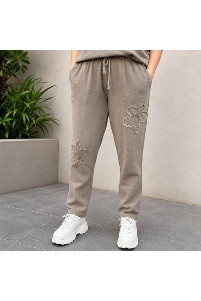 MENSAR OTANTİK Linen Trousers with Star and Daisy Embroidery. Length 100 Cm, ...