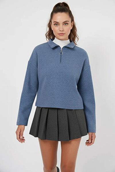 buğrahayalin Women's Zippered Collar Cotton Indigo Sweatshirt