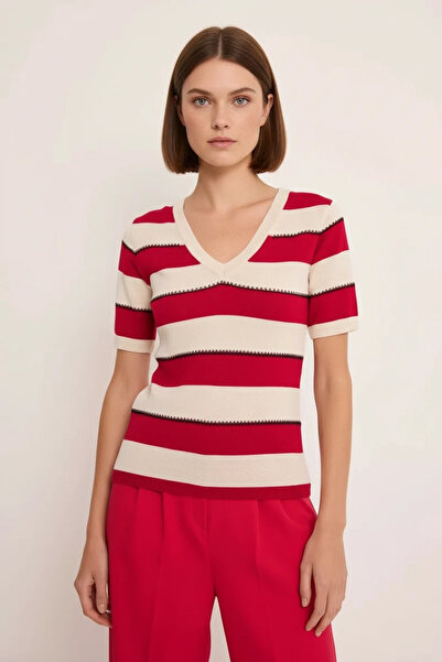 buğrahayalin Women's V-Neck Short Sleeve Striped Red Blouse