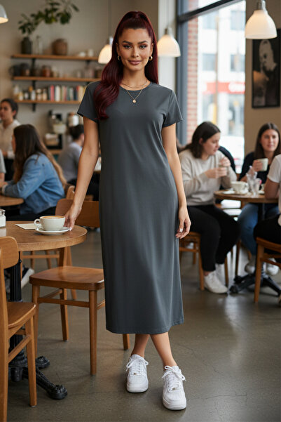 Runades Women's Crepe Textured Midi Dress Short Sleeve Relaxed Fit Casual Sty...