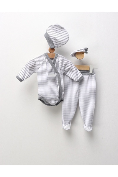 MiniKids Set 4 piese bebe, cu dungute, alb-gri