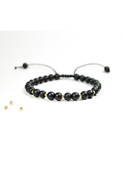 BLACK SWAN Bijoux Bratara reglabila cu bile onix negre mate si bilute din aur...
