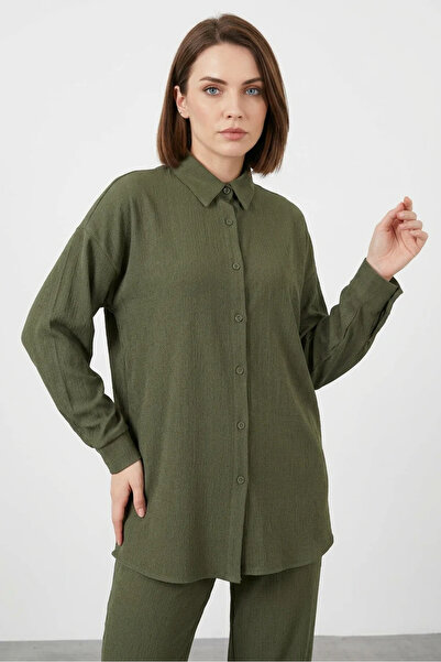 Generic Brand Women's Shirt Collar Knitted Fabric Khaki Hijab Double Set