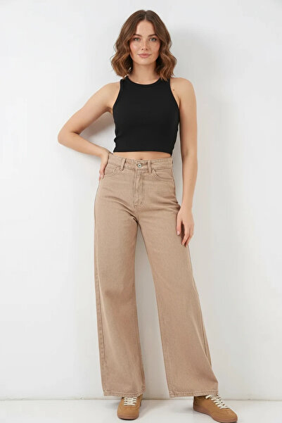 buğrahayalin Women's High Waist Denim Wide Leg Mink Palazzo Trousers