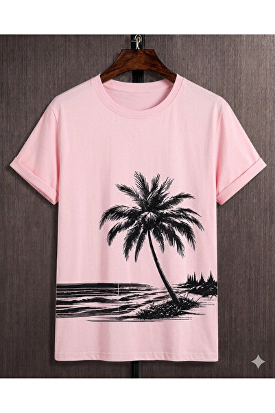 VODEXA Unisex Oversize T-Shirt Palm Tree on the Beach Printed 100% Cotton T-S...