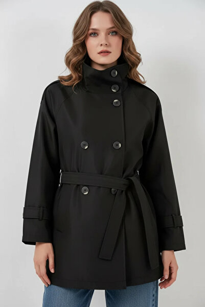 Efnaz style Women's Stand Collar Belted Double-Breasted Black Trench Coat