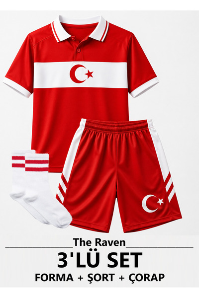 The RAVEN Premium Türkiye Milli Takım Serisi Kırmızı Çocuk Futbol Forması 3 P...