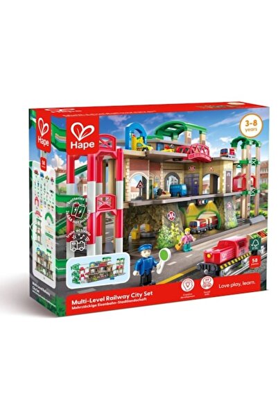 Hape Set de tren, Hape, Set de tren urban cu etaje multiple, 58 de piese