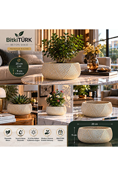 BitkiTÜRK 🌿✨ Desenli El Yapımı Beton Saksı | 20 cm Çap | Dekoratif Bonsai, S...