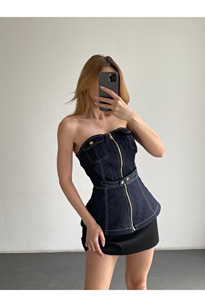 Friday Mood Zippered Strapless Denim Bustier
