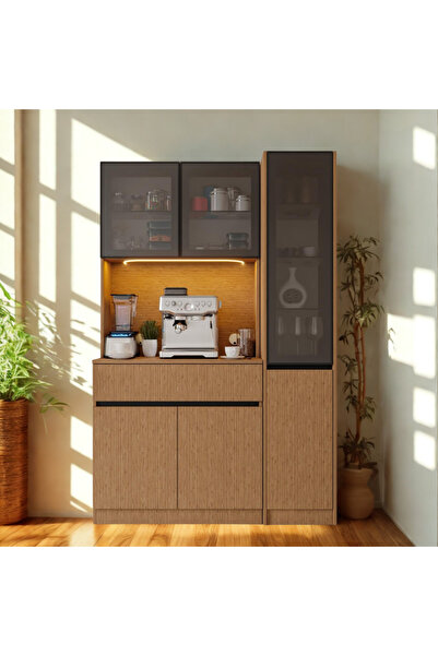 SARIOĞLU MOBİLYA NORDIC WOOD LED’li Kahve Köşesi Ünitesi | Sağ Vitrinli Füme ...