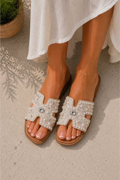 UNDERRATED Women's Beige Pearl and Stone Detailed Genuine Leather Comfortable Stylish H Slippers