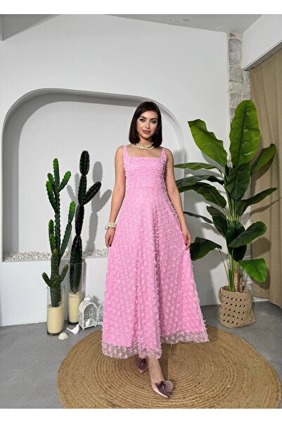 Caddebostan Moda Square Neck Strap Embroidered Midi Length Stylish Women's Dress