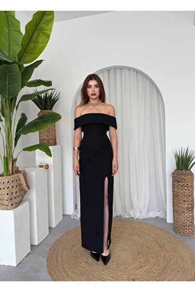 Caddebostan Moda Floral Detailed Strapless Slit Long Evening Dress