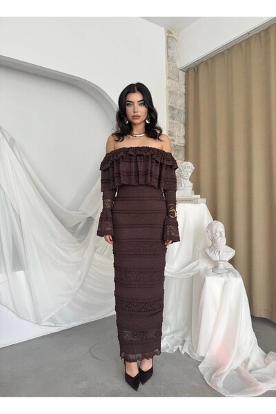 Caddebostan Moda Strapless Neckline Ruffle Lace Detailed Long Sleeve Midi Dress