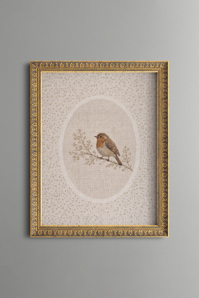 epiqart Little Bird on a Branch - Vintage Patterned Frame - Slim Model
