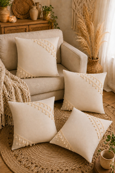 Morlay Set of 4 Natural Linen Tassel Throw Pillow Covers Bohemian Rustic Vint...