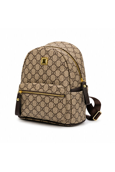 S.G Caterina Women's Fashion Backpack Brown Beige Monogram PU Leather Mini Ba...