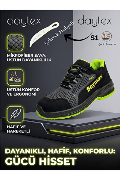 Daytex Baymax BX-12 S1 Çelik Burunlu Spor İş Ayakkabısı - Siyah/Neon Yeşil Ta...