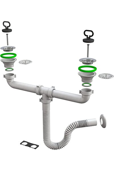 LORETA Kitchen Double Drain Set, White Plastic, with Flexible Hose and Wall M...