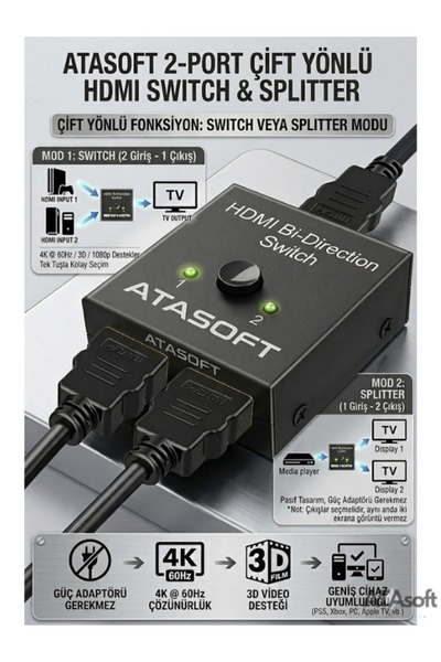 ATAsoft Çift Yönlü Hdmi Çoklayıcı Splitter 4K Monitör Çoğaltıcı PlayStation, ...