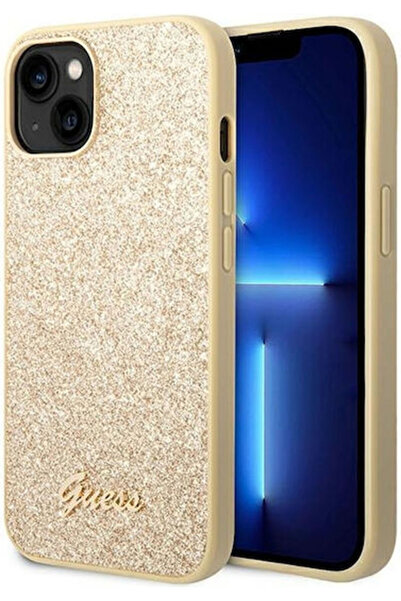 Guess Glitter Flakes Script Metal Logo Back Cover Silicone Gold (iPhone 14) C...
