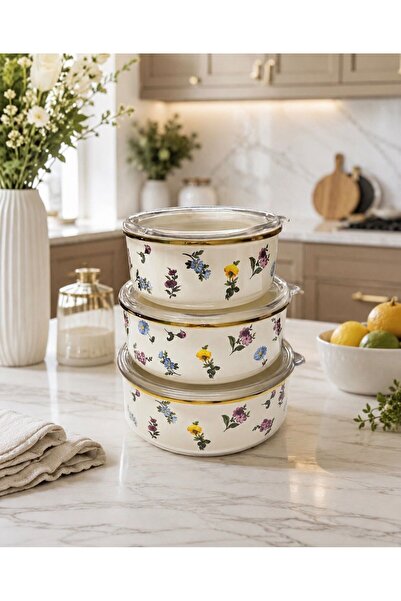 Santara ACAR PETİT FLEUR EMAYE GOLD DETAYLI SERT PLASTİK KAPAKLI ÜÇLÜ SAKLAMA...