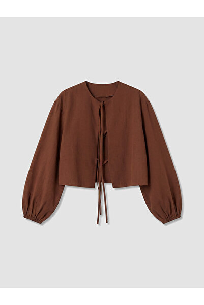 LC Waikiki Brown Tie-Neck Balloon Sleeve Blouse
