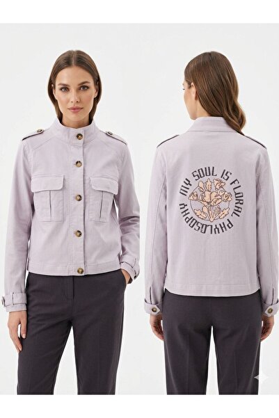Butik Kadın Lila Baskılı Denim Ceket