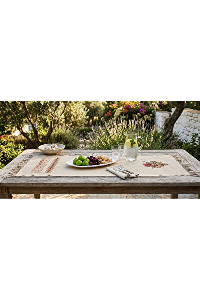 muguetarts %100 El İşlemeli Hesap İşi Bodrum Keten Runner Örtü 86x36 cm Püskü...