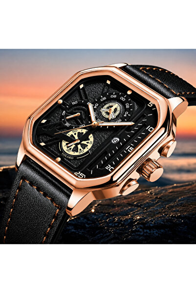 SOKI Ceas Bărbați Elegant IP Gold Black, Curea Piele Premium, Quartz, Cadou p...