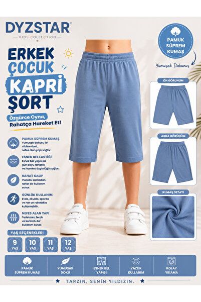 DYZSTAR Erkek Çocuk Pamuk Süprem Kapri Şort Bebe Mavisi 9-10-11-12 Yaş