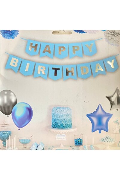 YOUC Design Shiny Gilded Banner Happy Birthday Blue Silver
