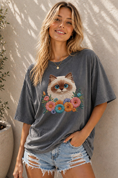 ArtYus Floral Cute Cat Printed Unisex Oversize T-Shirt – Cotton Crew Neck Cas...