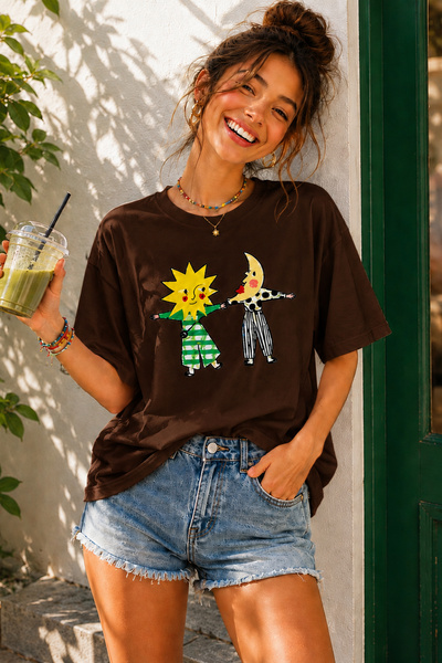 ArtYus Tricou oversize unisex cu imprimeu cu personaje Soare și Lună – Tricou...