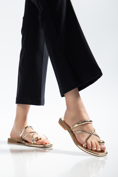 Elexus Women's Slippers with Gold Band and Flat Heel with Buckle