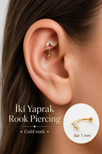 Sacce Scarves&Accessories Zirkon Taşlı İki Yaprak Rook Piercing Çelik Bar 1 mm
