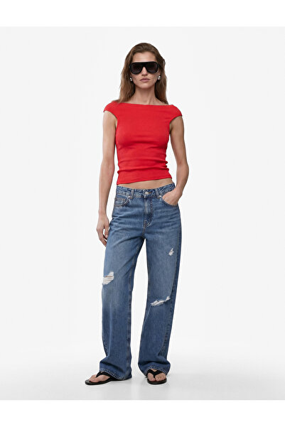 Koton Tricou din bumbac cu nervuri, croială slim, cu guler tip Madonna, cu um...