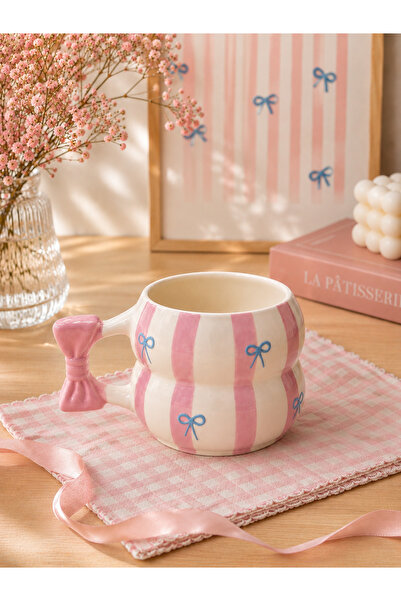 KUPART SERAMİK FİYONK KULP PEMBE ŞERİT MAVİ FİYONK DESENLİ ÖZEL KABARTMALI TA...